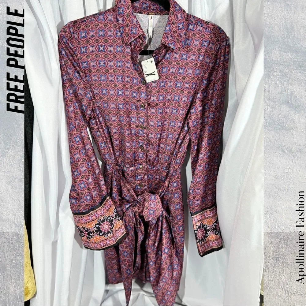 FREE PEOPLE SILKY RILLO SHIRTDRESS PLUM PURPLE COMBO NWT XS - Picture 3 of 6